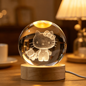 Custom Wholesale 3D Laser Engraved Cartoon Crystal Ball Lamp Polished Wooden Base Souvenir Gift - Product Image 3