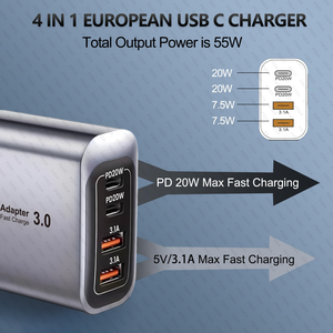 Adaptador de enchufe de viaje europeo de 55W USB C 55W USB C <span class=keywords><strong>Cargador</strong></span> europeo <span class=keywords><strong>Cargador</strong></span> rápido de 4 puertos <span class=keywords><strong>Tipo</strong></span> C <span class=keywords><strong>Cargador</strong></span> de pared Enchufe de EE. UU. a Europa - Product Image 5