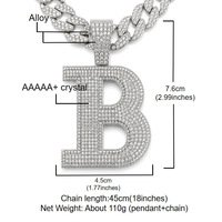 Collier Pendentif Lettre B Entièrement Sertie de Strass pour Homme, Chaîne Cubaine en Alliage Hip Hop, Accessoire Streetwear pour Rappeur