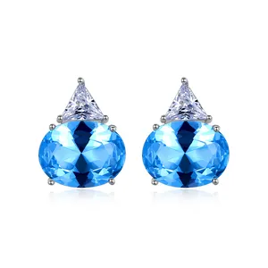 Fine Jewelry Trendy 925 Sterling Silver Blue Topaz Women Fashion Gemstone Diamond Stud Earrings