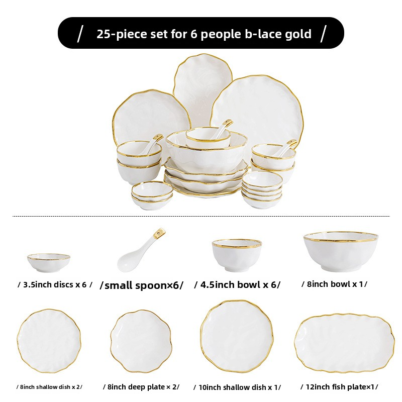 Ensemble de 25 pièces pour 6 personnes avec assiette à poisson (bordure dorée)