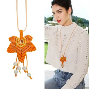 Braided Cord Necklace with Tassel Fashion Jewelry Geometric Woven Maple leaf Pendant Necklace for Women