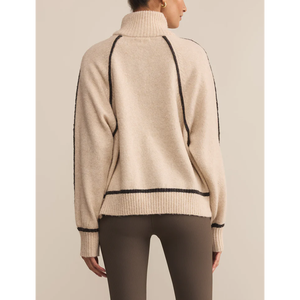 Maglione lavorato a maglia con cuciture a contrasto personalizzate mezza Zip in lana Alpaca misto collo a imbuto Pullover a quattro Zip con maglia rilassata - Product Image 3