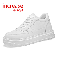 Baskets blanches en cuir véritable pour hommes, à talon compensé de 8 cm, semelle épaisse, rehaussantes, décontractées, respirantes et confortables