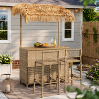Ensemble de bar de jardin en rotin tressé de style Tiki avec toit en chaume, 2 tabourets de bar et structure en acier