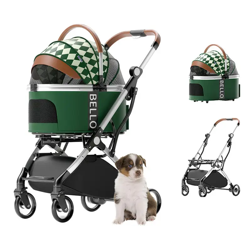 (Pronto para enviar) Fabricação de luxo dobrável carrinho de estimação cão ou gato separable pet carrier 4 Rodas Fácil One-Hand Fold trolley