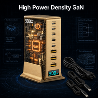 Pengisi Daya GaN 380W 8-Port Stasiun Pengisian Multi-Perangkat, 2xPD100W 3xPD30W 3xUSB-A QC30W, Layar LED, 100-240V, CE UKCA