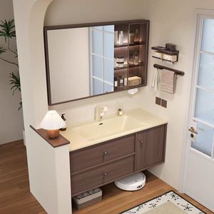 Nouvelle armoire de salle de bain intelligente en bois massif avec lavabo intégré en céramique au toucher doux - Product Image 2