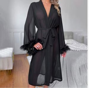 Compensação cardigan pijama sexy japonês noite vestido simulado pena roupão - Product Image 6