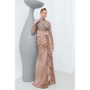 Robe de soirée élégante en satin avec taille drapée, col montant, silhouette fourreau, couleur indigo faite à la main - Product Image 1