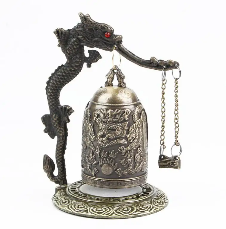 Exquisita decoración antigua para el hogar aleación de Zinc Estilo Vintage ranura de bronce dragón tallado campana budista geomántico chino Artware