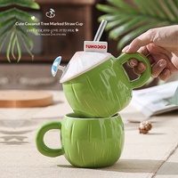 Mug en céramique créatif en forme de cocotier avec paille, cadeau mignon pour couple, pour hommes et femmes, tasse à café verte fabriquée à Chaozhou, souvenir