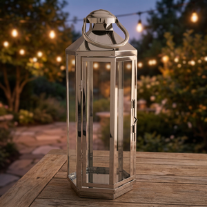 Modern Stainless Steel Hexagon Glass <b>Lantern</b> with Handle for Indoor Outdoor Christmas Wedding Party and Home Decor Lighting - Product Image 1