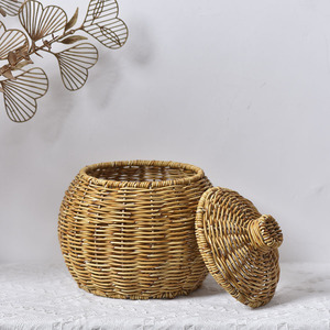 Hand Woven Rattan Basket Oval With Lid <b>Standing</b> Type Storage For Plant <b>Desktop</b> Use - Product Image 4