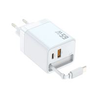 Cargador de Pared de Alta Velocidad 3 en 1 GaN de 65W con Cable Tipo-C Retráctil, Carga Rápida PD3.1 para Teléfono y Tableta, Enchufe EU, US, UK