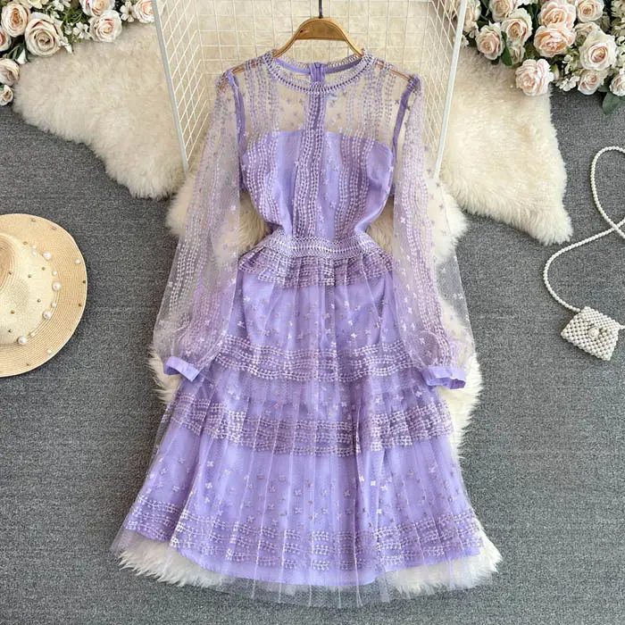 YM772 Atacado 2023 Verão Chic Lavender Cor O Neck Mesh Lace Bordado Vestido Mulheres Plus Size Vestidos Vestuário 7