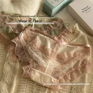 Hoogwaardig satijnen lint kant hol naadloos bloemenpatroon string hoge taille dames ondergoed antibacterieel zomer - Product Image 2