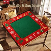 Tapis de Mahjong de Noël Léopard Bleu avec Bordure Chapeau de Père Noël et Canne à Sucre, Tapis de Jeu de Table, Décoration de Fête et de Dîner