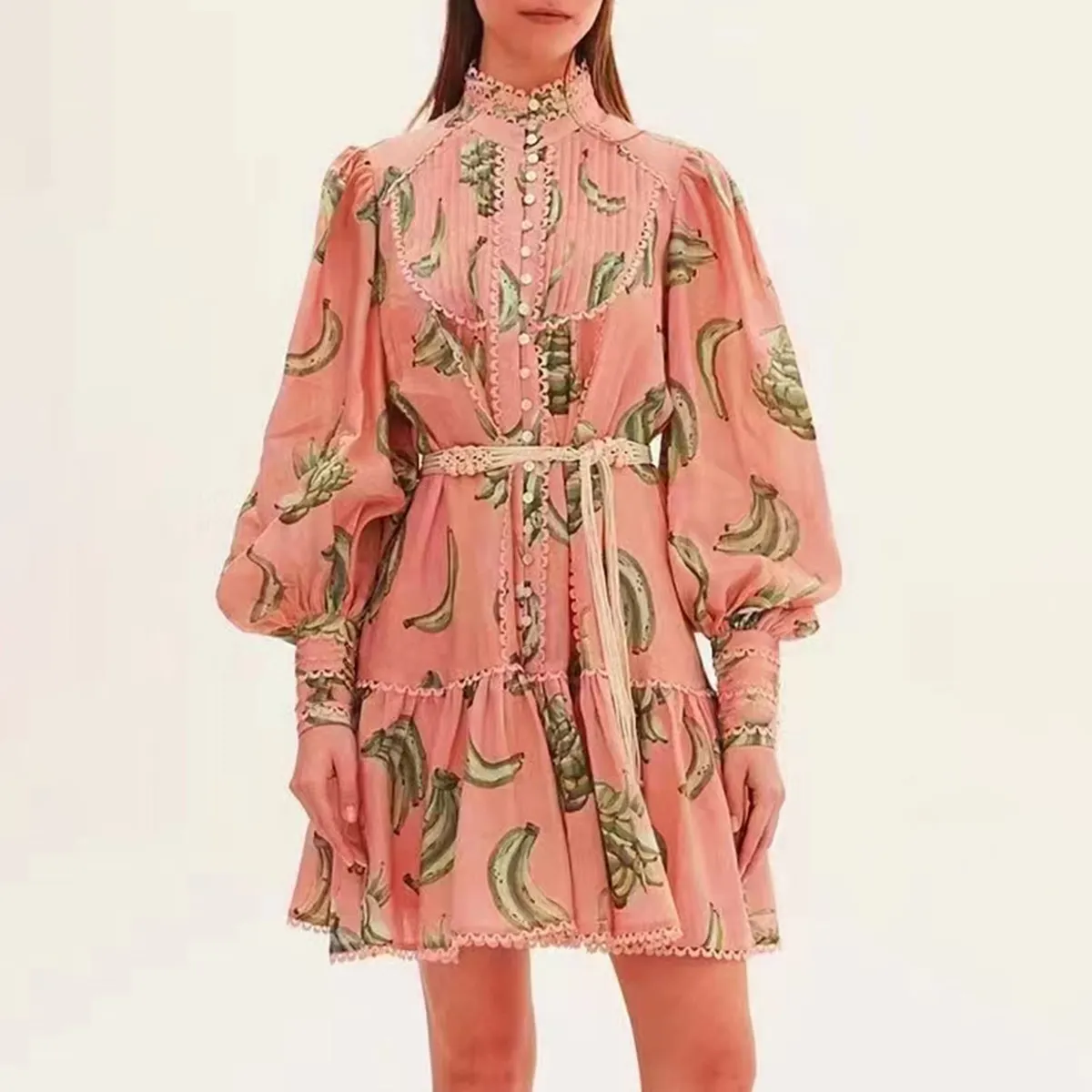 Casual Style Printed Dress New Stand-up Collar Dresses Lantern Sleeve Single-breasted Lace-up Fashion Woman Dress