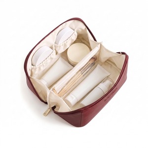 Bolsa de Cosméticos de Cuero PU Color Borgoña, Estuche de Maquillaje con Apertura Plana, Organizador de Maquillaje con Doble Cremallera y Asa, Logotipo Personalizado OEM, para Viaje - Product Image 1