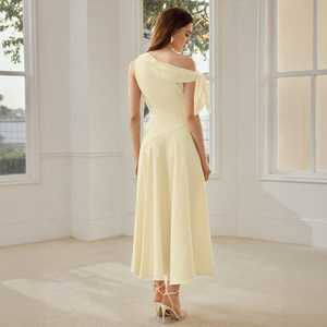 Robe décontractée unie <span class=keywords><strong>chic</strong></span> pour <span class=keywords><strong>femme</strong></span>, jaune pâle, col montant, avec détail nœud, jupe fluide, respirante, écologique, moulante, pour soirée - Product Image 5
