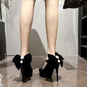 2026 Women's <b>Black</b> Platform Ultra High Heels Pointed Toe Stiletto Heel Bow & Pearl <b>Pumps</b> 11CM Heel Height - Product Image 4