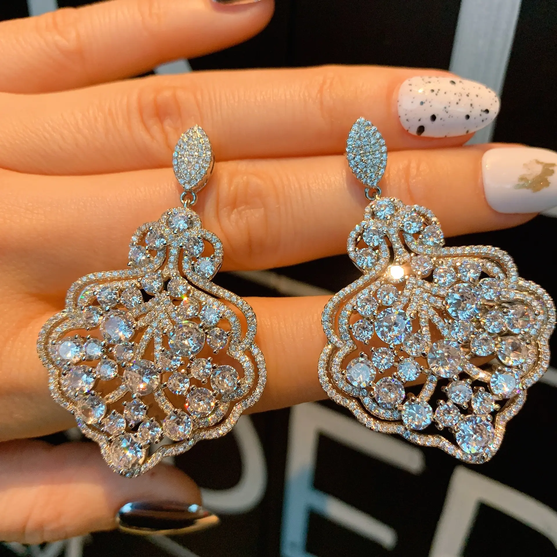 Women's earrings Europe and the United States wind white diamond shaped exaggerated large earrings earrings jewelry