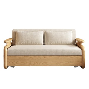 Natural <b>Wood</b> <b>Sofa</b> Bed Solid Color Cotton Linen <b>Frame</b> Structure Foldable Extendable Pull Out For Small Apartments Living Room - Product Image 5