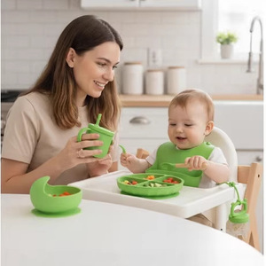 Juego de utensilios de alimentación para bebés, cuencos de silicona, tenedores, cucharas, baberos con ventosa para 0-12 meses, sin BPA - Product Image 2