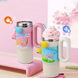 Gobelet isotherme en acier inoxydable de 850 ml avec poignée lapin de dessin animé mignon, tasse à paille portable pour enfants, mug de voyage – En stock - Product Image 4
