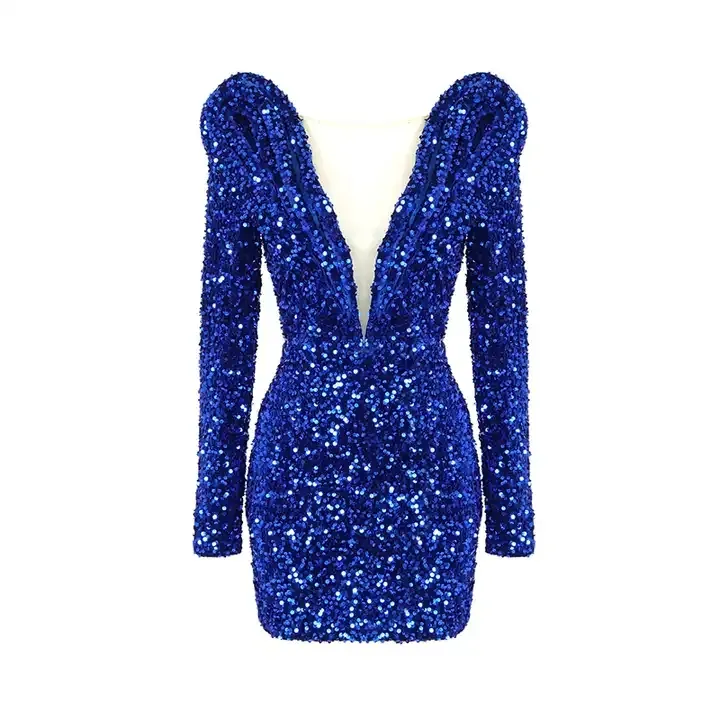 Autumn Celebrity Blue Sequins Evening Dress Sexy Deep V Puff Sleeves Club Mini Party Formal Dress Women