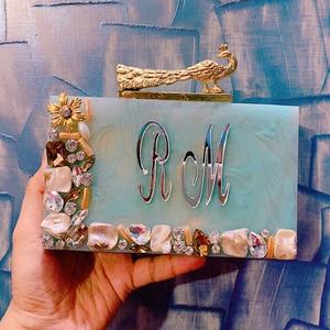 Partywear-Bolso de mano con diseño geométrico para mujer, cartera de mano con diseño de piedras, de resina de mármol, para fiesta - Product Image 6