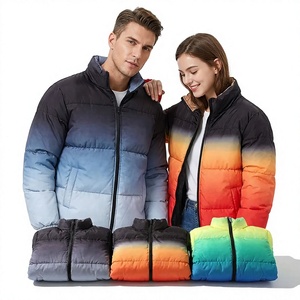Gradient Color Leather <b>Jacket</b> Unisex Winter Waterproof Hooded <b>Mandarin</b> <b>Collar</b> Zipper Closure Cotton Filled Silk Lined Regular - Product Image 1