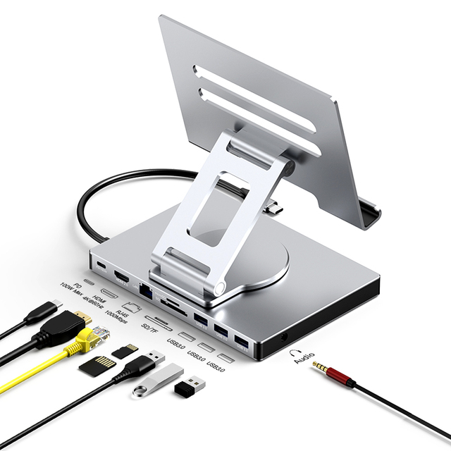 9-in-1 Usb C Hub Docking Station Aluminum Tablet Holder 4K60Hz Hd-mi Usb3.0 PD Lan SD/TF for iPad Pro/Air Stand