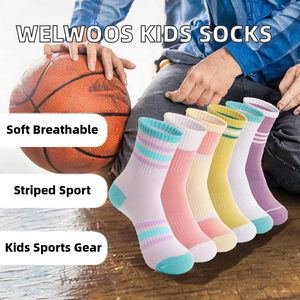 Chaussettes de sport en coton respirant et doux pour enfants, garçons et filles, rayées, tricotées, 6 paires, ODM, athlétiques, pour le basketball, pour les jeunes - Product Image 2