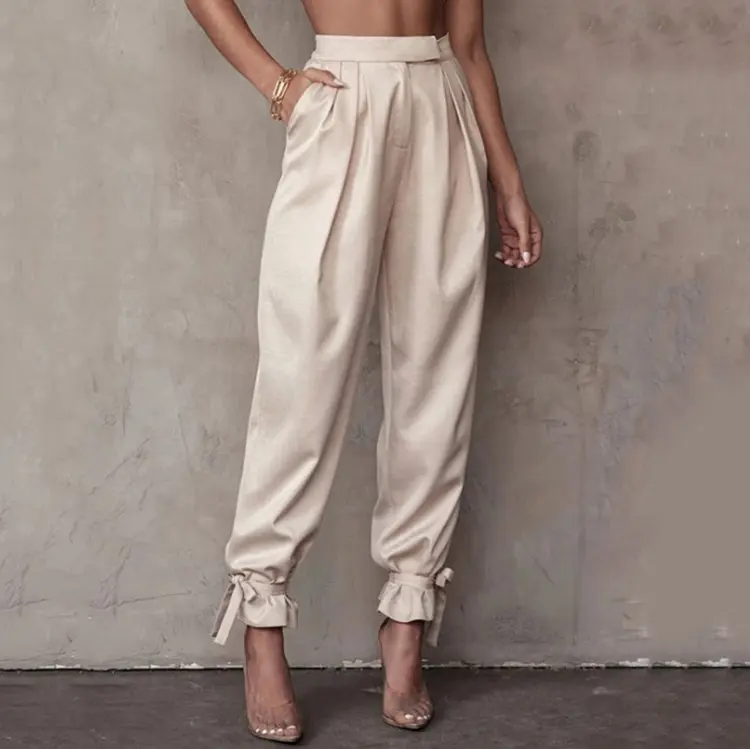 OEM Fashion women's high waist stacked pants Streetwear style silky polyester Pants   trousers