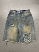 Nouveaux shorts en jean pour homme, style vintage, délavé, fortement déchiré, streetwear, coupe ample, jorts à ourlet brut, demi-pantalon