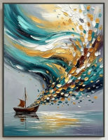 Tableau mural abstrait de voilier en turquoise éclatant encadré or, style impasto, décor Océan Éclatant pour complexe balnéaire et villa de plage