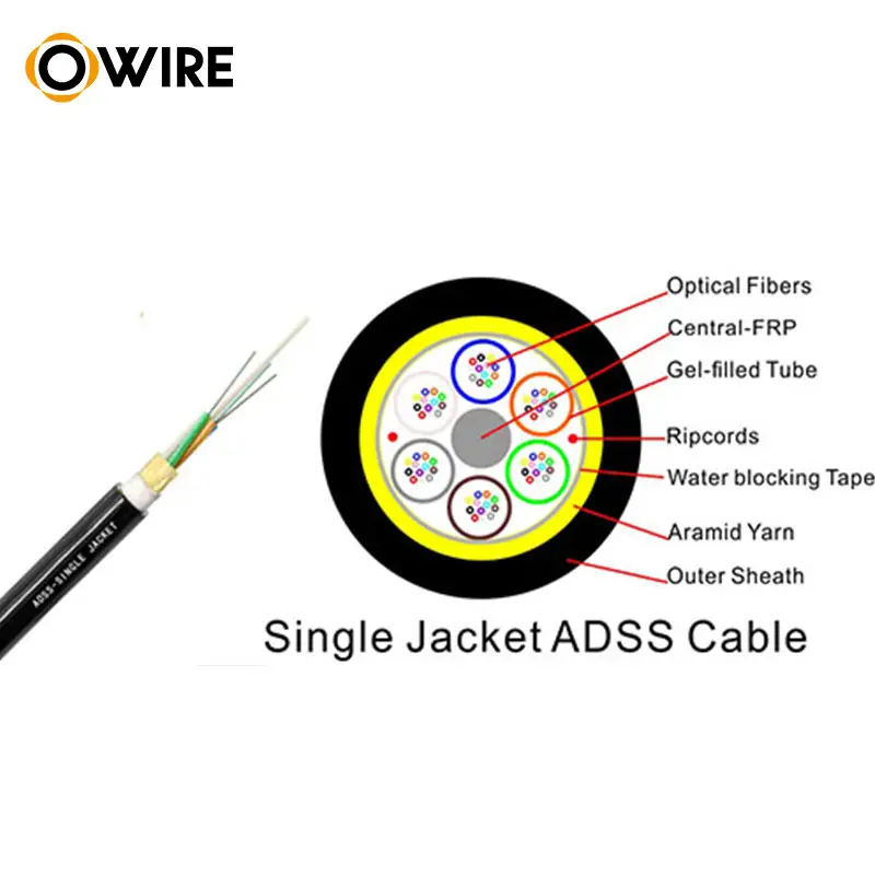 Adss G652d kabel optik Fiber Aerial, kabel serat optikal Mode tunggal 6/8/12/24/48c core warna hitam ADSS Aerial mendukung sendiri kabel serat optika