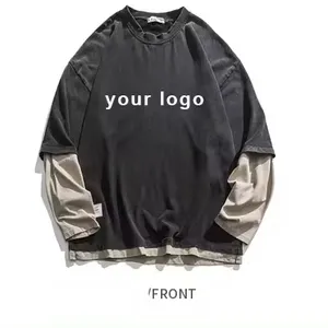 OEM Manufacturer Custom Logo T-shirt Cotton Drop Shoulder Oversize Print Double Layer Long Sleeve T-Shirt