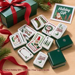 Jeu de tuiles de Mahjong américain vintage de luxe, motif Père Noël et rennes, 160 pièces, en acrylique vert de Noël gravé, antidérapant avec tapis, cadeau - Product Image 3