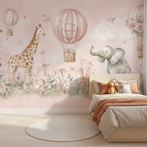 Mural de Parque Animal Rosa Suave Impermeable para Habitación <span class=keywords><strong>Infantil</strong></span>, Decoración de <span class=keywords><strong>Pared</strong></span> con Nubes, Globo Aerostático, Jirafa, Elefante, <span class=keywords><strong>Papel</strong></span> Tapiz <span class=keywords><strong>Infantil</strong></span> - Product Image 2