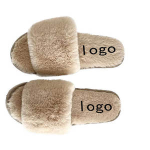 Zapatillas con punta abierta peluda y esponjosa de felpa con logotipo personalizado para mujer, Tobogán de una correa, acogedor, cálido, invierno, algodón suave, antideslizante para - Product Image 2