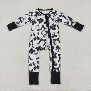 Venta al por mayor infantil negro arco patrón estampado mono manga larga cremallera niño vestido conjunto ODM suministro - Product Image 1