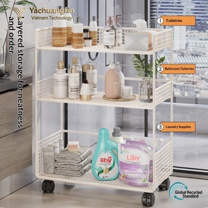 White Plastic Storage Cart Rectangle Open Top Stackable With <b>Wheels</b> Multifunctional Home Organization Rack - Product Image 6