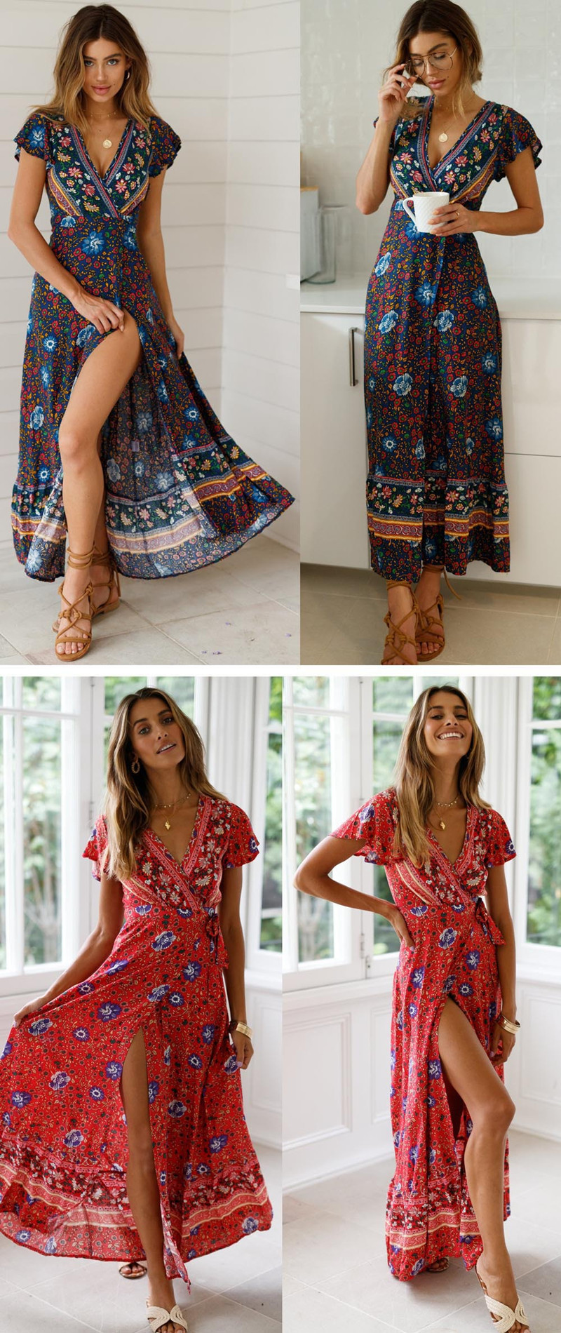 Looking up chic women bohemian casual maxi beach dress