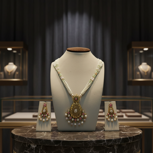 Beautiful 925 Silver Pearl <b>Beaded</b> Necklace <b>Set</b> with Gold Traditional Pendant and Matching Earrings Wedding Festive Wear - Product Image 4