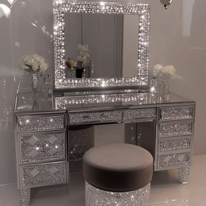 Grande table de maquillage moderne blanche avec miroir et ampoules, panneau en bois, pour chambre et salon - Product Image 5