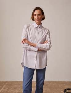 Fabricante de ropa personalizada, ropa de oficina de alta calidad, camisa de <span class=keywords><strong>mujer</strong></span> de manga larga con botones a rayas y cuello vuelto - Product Image 2