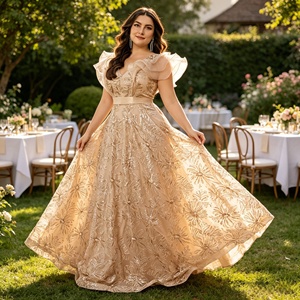 <span class=keywords><strong>Vestido</strong></span> Elegante de <span class=keywords><strong>Fiesta</strong></span>, Cóctel, Noche y Formal para Mujer de Talla Grande, con Lentejuelas, Cuello en V, Volantes y Falda Larga - Product Image 3